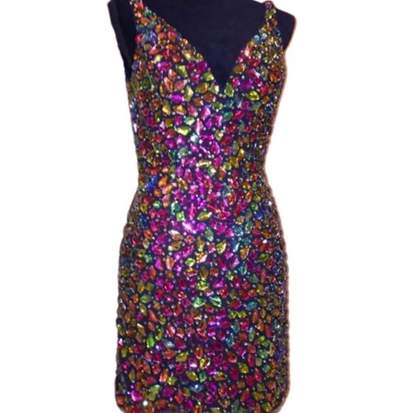 Luxurious Couture Multicolor Crystals Festive Party Prom Designer Holiday Dress - Picture 12 of 12